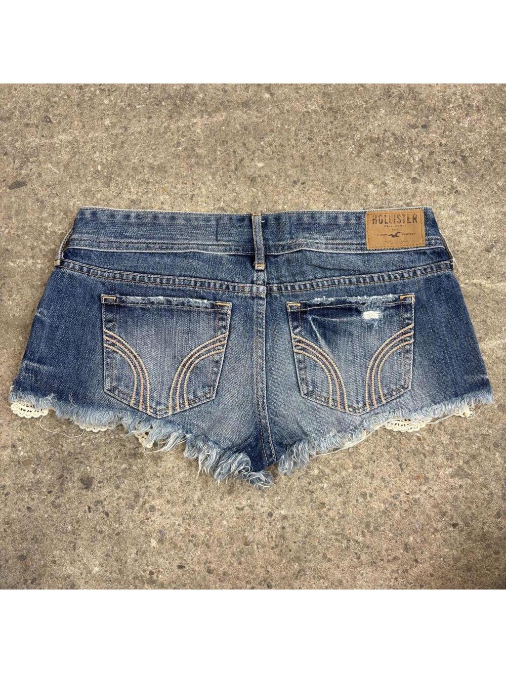 Vintage Y2K Low Rise Denim Micro Shorts Hollister Peekaboo Lace - Picture 2 of 5
